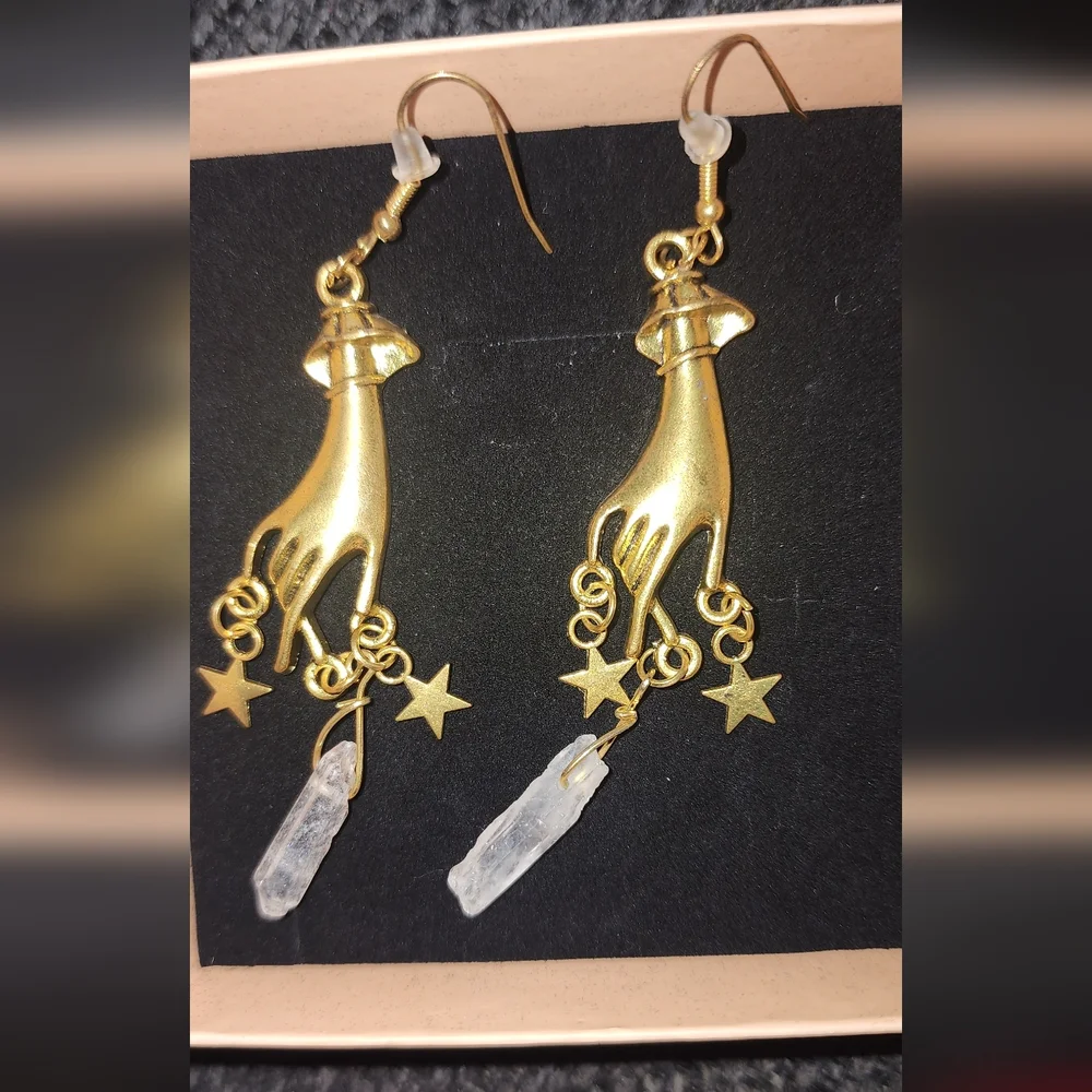 Vintage Homemade Stars And Clear Quartz Charm Hand Earrings